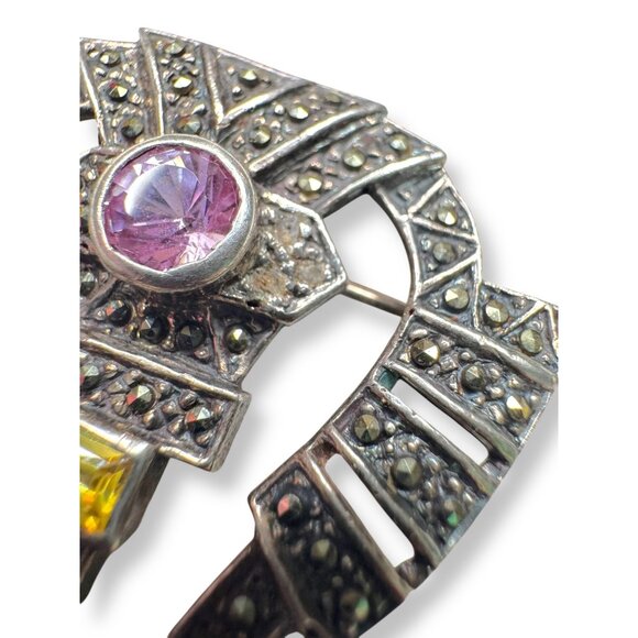 Art Deco Sterling Silver Brooch Pink Sapphire Citrine Amethyst Marcasite - Picture 9 of 11
